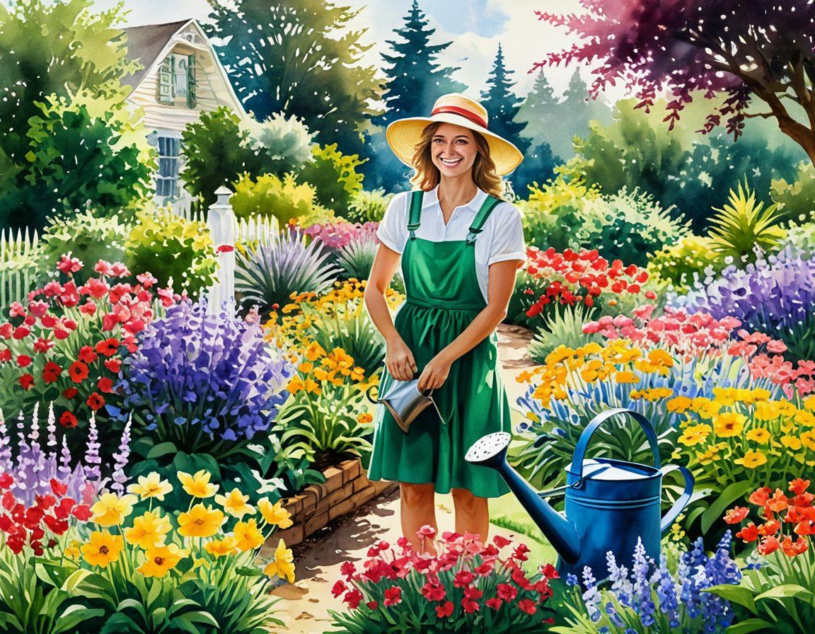 A lush garden teeming with vibrant flowers, green plants, and a joyful gardener tending to them with a watering can. Sunlight filters through the leaves, creating a warm and inviting atmosphere. A rainbow arches in the background, symbolizing the happiness derived from gardening. Include gardening tools and a small sign reading 'Nature's Elation' among the flowers. watercolor painting. vibrant colors. serene setting.