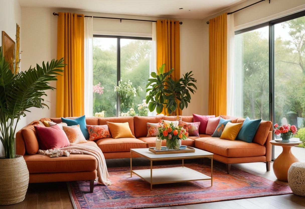 A bright and inviting living space filled with an array of vibrant, blooming flowers in various arrangements. Soft sunlight filtering through sheer curtains, enhancing the colors of the flowers. Include decorative vases and accessories that complement the floral theme, creating a sense of joy and tranquility. Add a cozy seating area with plush cushions to invite relaxation amidst the blossoms. super-realistic. vibrant colors. warm tones.