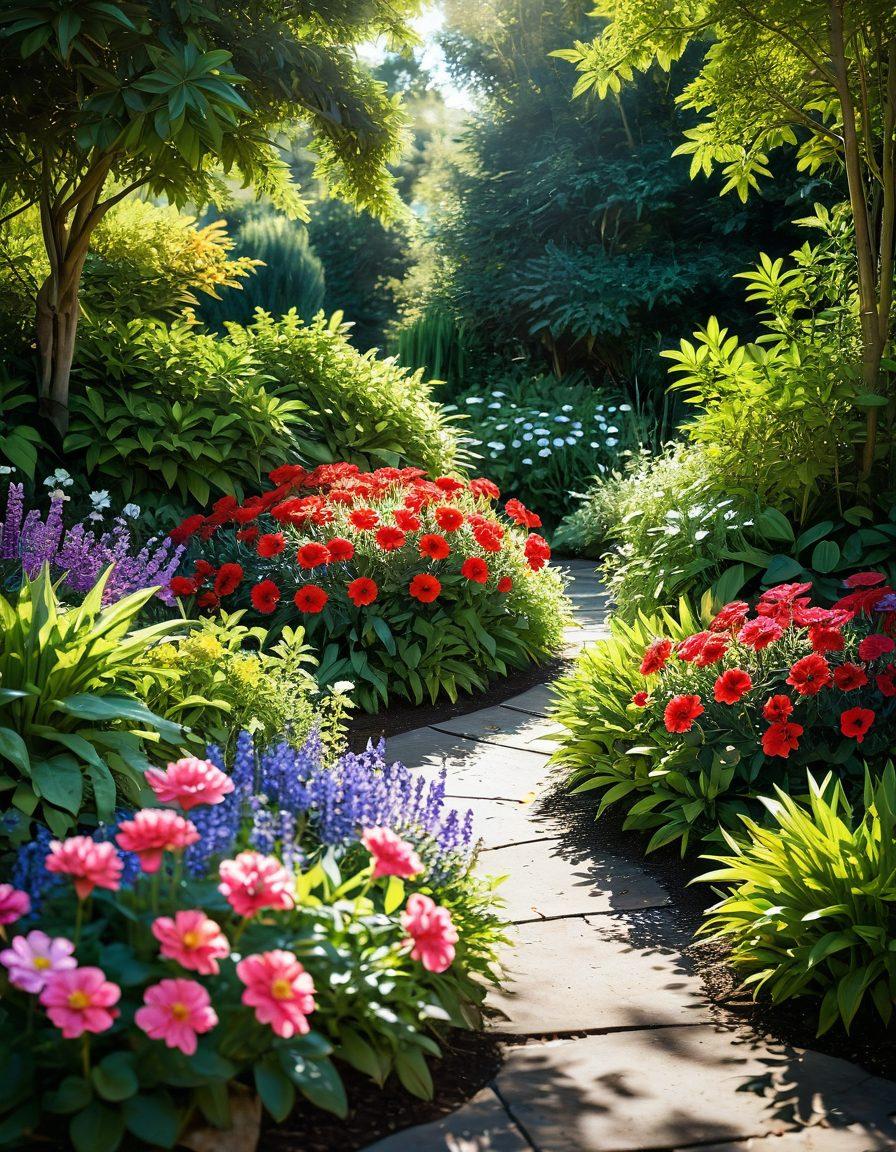 A vibrant, flourishing garden full of diverse colorful flowers in full bloom, accompanied by lush green plants. Include a serene gardener gently tending to the flowers, radiating joy and passion for floristry. Sunlight filters through the leaves, casting dappled shadows, creating a warm and inviting atmosphere. The background features soft, blurred imagery of more flowers to enhance depth. super-realistic. vibrant colors. natural light.